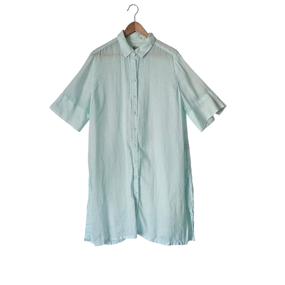 Chicos Aqua Blue Ramie Lyocell Longline Tunic Top Shirt Dress Size 3 XL Beachy